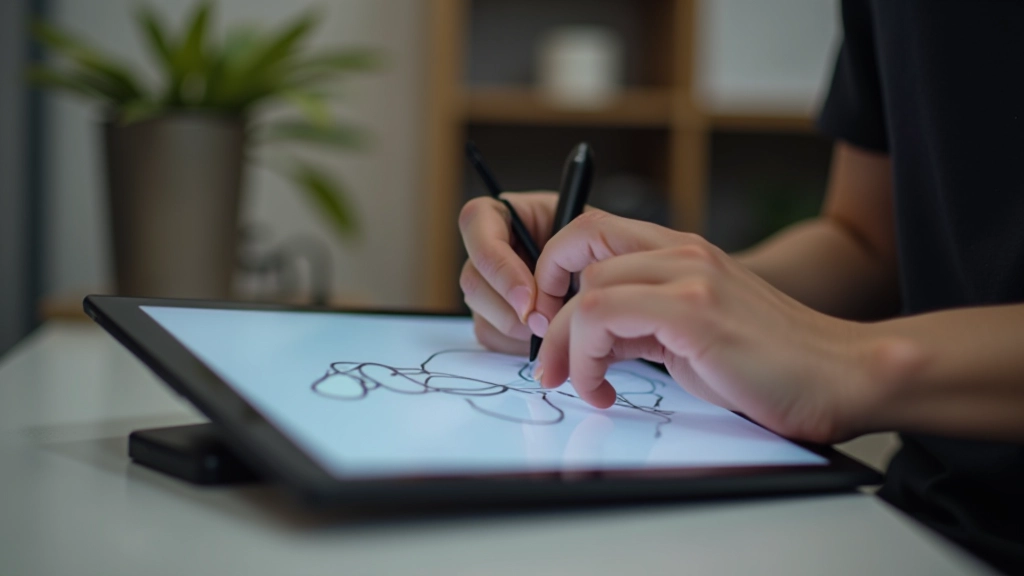 Artist demonstrating digital drawing techniques on tablet with stylus pen during practice session