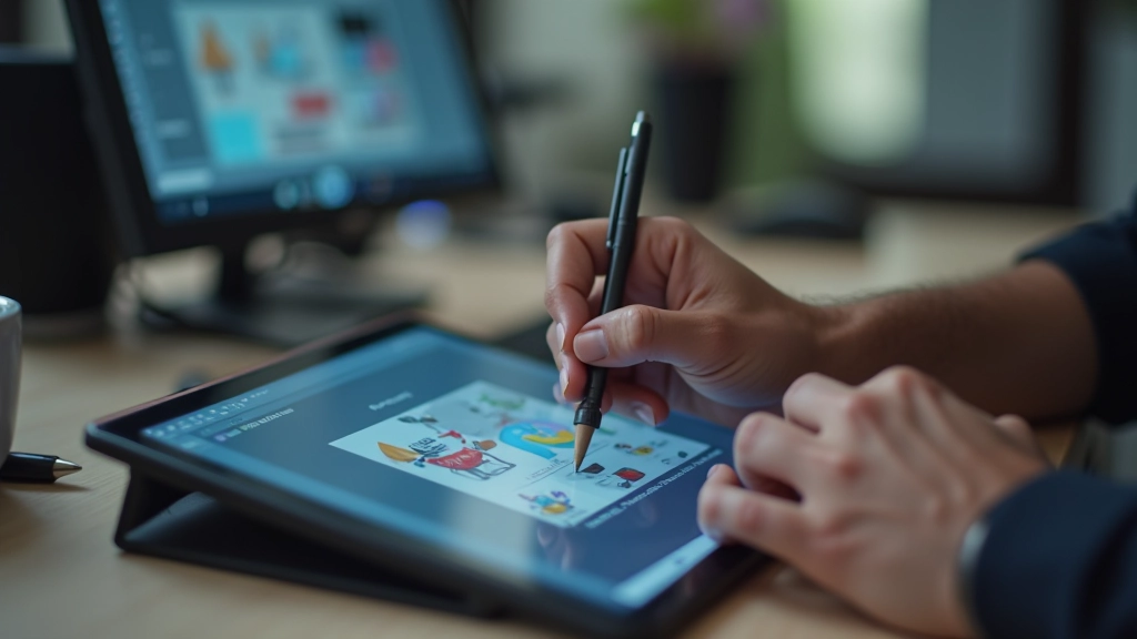 Close-up of digital drawing stylus creating brushstrokes on tablet screen with creative software