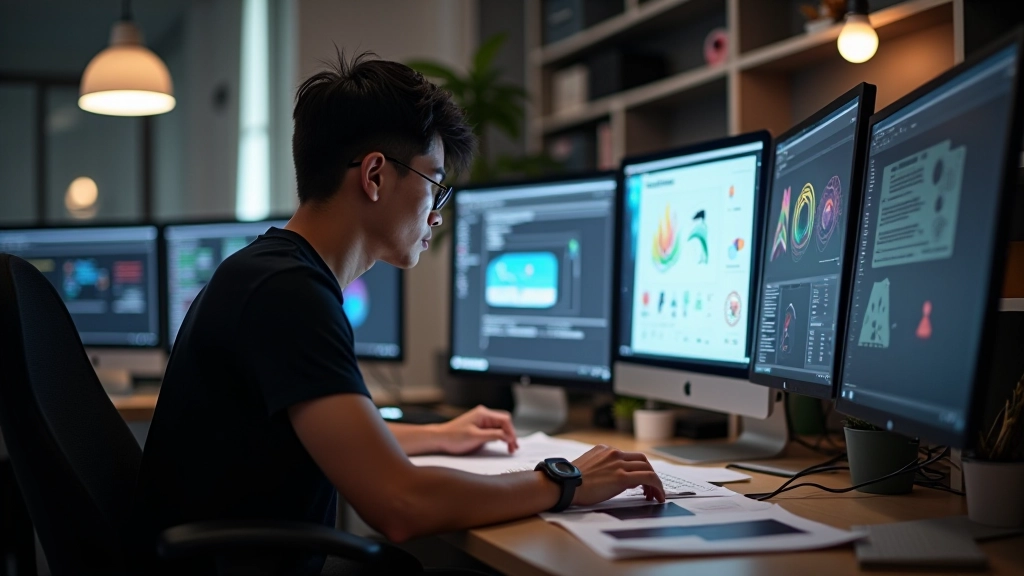 Designer working at desk with multiple monitors showing vector design software with various shapes and icons in progress