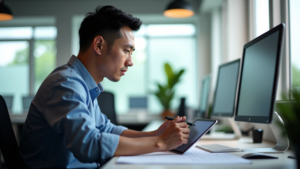 Digital designer working on creative project with tablet and stylus in modern workspace