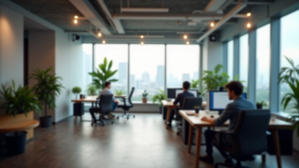 Modern design studio interior with workstations, monitors, and collaborative workspace