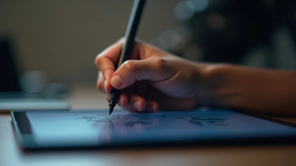 Professional digital artist hand holding stylus over Wacom tablet with brush presets panel open on monitor